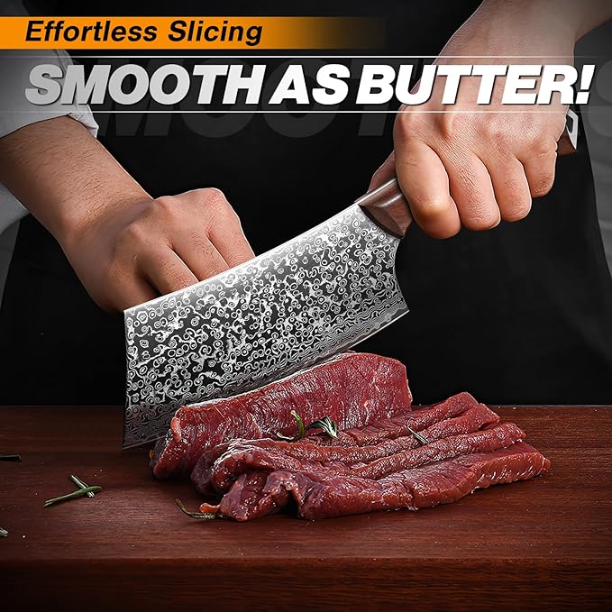 Huusk Meat Cleaver Knife Japanese Kitchen Knife 6.4 Inch, Hand Forged Butcher Knife for Meat Cutting, Vegetable Chopping Knife High Carbon Steel Damascus Pattern Chef Knife Cooking Gift for Men Women