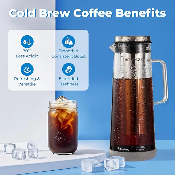 Cold Brew Coffee Maker, 1.4L/48Oz Cold Brew Pitcher | Ice Tea Maker with Airtight Glass Carafe, Filter, Non-Slip Base, Comfort Handle, Wide Spout (Grey)