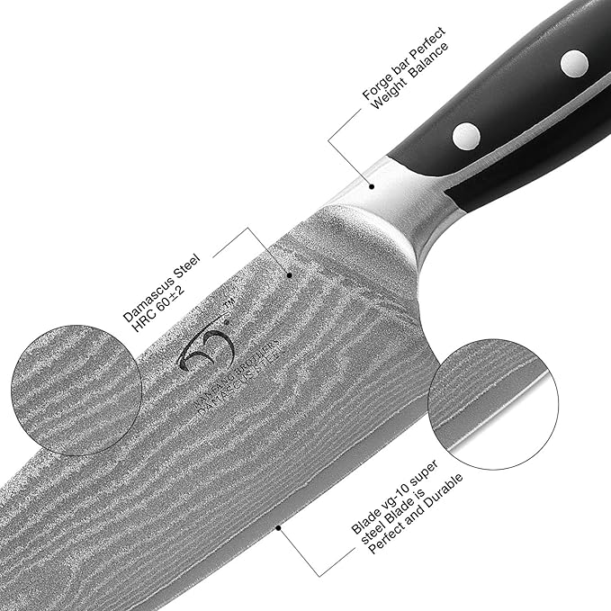 16-Piece Damascus Knife Set with Block - VG10 67-Layer Steel, Razor Sharp, Triple-Rivet Handles, 6 Steak Knives, Meat Fork, Sharpener & Scissors, Natural Wood