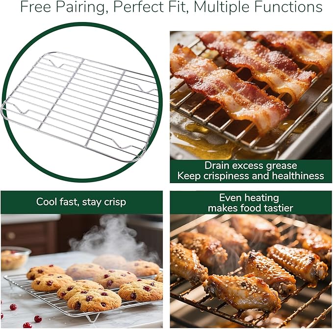 18/0 Stainless Steel Baking Sheet with Cooling Rack, 15.9 Inch Oven-Safe Non-Toxic Cookie Sheets for Baking, Coating Free & Rust Resistant for Healthy Family Baking, Easy to Clean, Heavy Duty