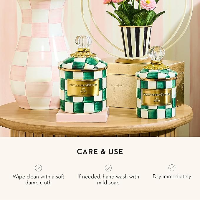 MACKENZIE-CHILDS Mini Enamel Canister, Kitchen Storage Container with Lid, Green-and-White Emerald Check