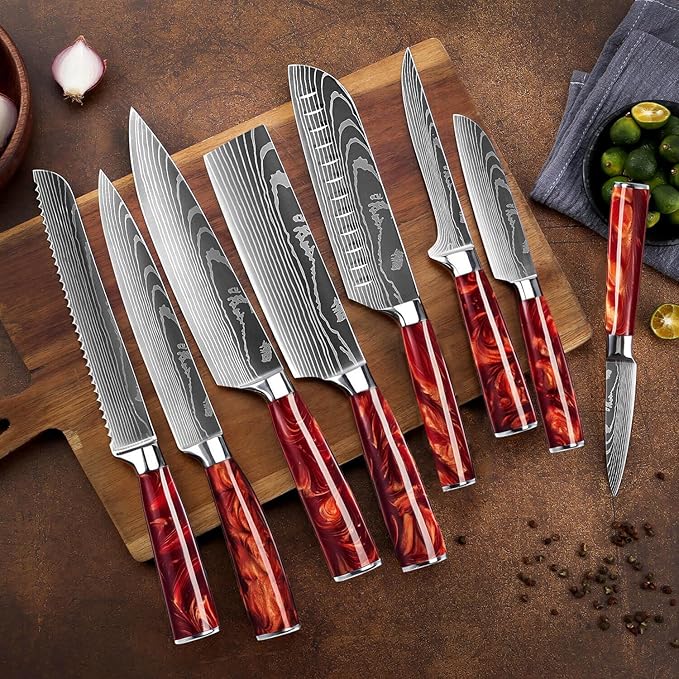 SENKEN 16-Piece Natural Acacia Wood Kitchen Knife Block Set - Japanese Chef's Knife Set with Laser Damascus Pattern, Includes Steak Knives, Kitchen Shears, Santoku, Cleaver & More (Red Resin Handles)