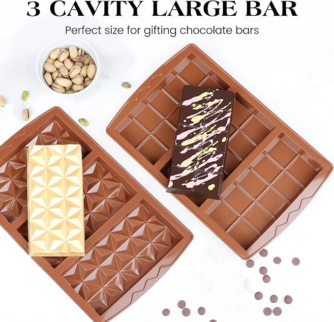 4 Pcs Chocolate Bar Mold Deep Dubai 0.85 Inch Stuffed Chocolate Molds Silicone Large Break Apart Silicone Molds (10 Snap + Pyramid)