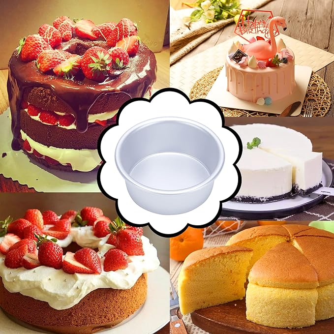 4 Inch Cake Pan Set of 8, Anodized Aluminum Round Cake Pans with 100 Pcs Parchment Paper Tins Baking Pan for Cheese Cake, Pizza, Quiche, Non Toxic, Leakproof, Easy Pop Out
