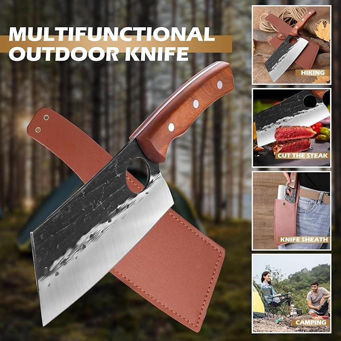 Meat Cleaver Chef Viking Butcher Japanese Cutting Boning Chopping Knife Hand Forged Full Tang Knives with Sheath for Kitchen, Outdoor Cooking, Camping, BBQ, Gift for Man and Women