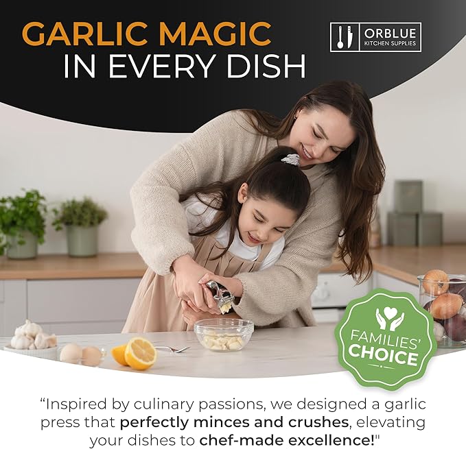 ORBLUE Garlic Press Stainless Steel - Premium Professional Grade Garlic Mincer, Crusher & Peeler Set - Easy Clean, Dishwasher Safe & Rust-proof