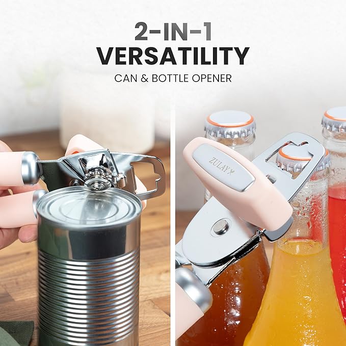 Zulay Kitchen Heavy Duty Stainless Steel Can Opener Manual with Bottle Opener - Rust Proof Manual Can Opener With Turn Knob & Comfy Soft Grip Handles - Peach