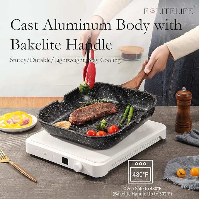 ESLITE LIFE 9.5 Inch Nonstick Grill Pan for Indoor Cooking, Versatile Induction Square Large Grilling Skillet Steak Pan for Stove Tops, PTFE & PFOA Free, Black