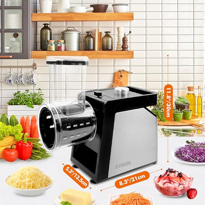 7 in 1 Electric Cheese Grater Ice Shaver with 7 Blades Stainless Steel Multifunctional Vegetable Shredder 250W BPA-Free 110V