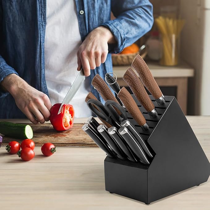20 Slot Knife Block Storage without Knives,Acacia Wood Universal Knife Holder for Kitchen Countertop,Large Butcher Block Organizer,Easy Kitchen Knife Storage (Black)