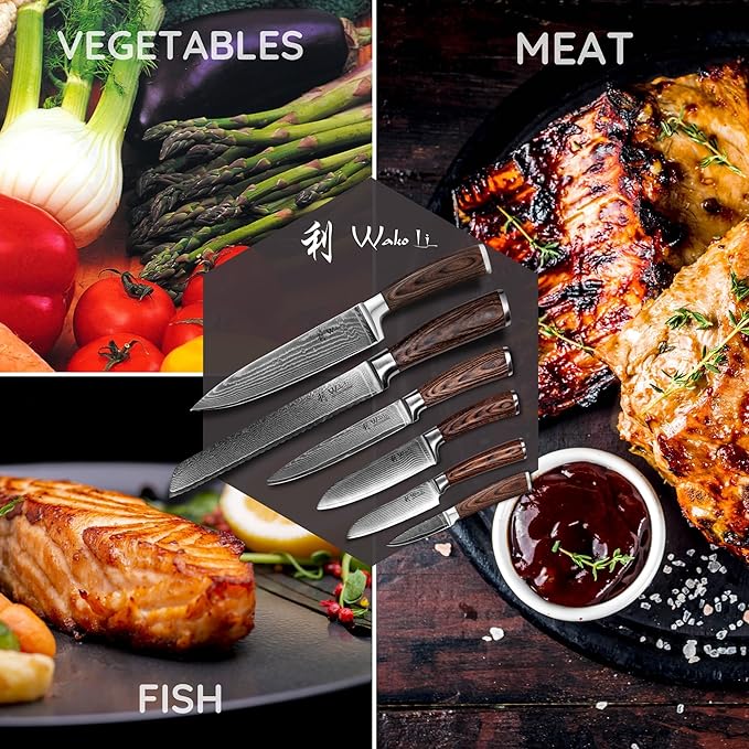 Wakoli EDIB 6-Piece Damascus Knife Set – Complete Kitchen Knives Collection | Genuine Damascus Steel Blades with VG10 Core | Ergonomic Pakkawood Handles | Professional Knife Gift Set