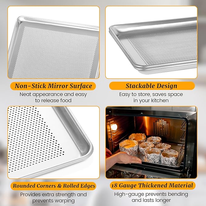 6 Pack Half Size Aluminum Perforated Baking Sheet Pan, 13"×18" Cookie Sheets For Oven in Bakery, Restaurant & Kitchen