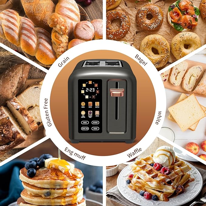 SEEDEEM Toaster 2 Slice, Touch Control Stainless Toaster LCD Display, 50% Faster Heating Speed, 1.4'' Wide Slots, More Timer Functions, Removable Crumb Tray, 1350W, Dark Metallic