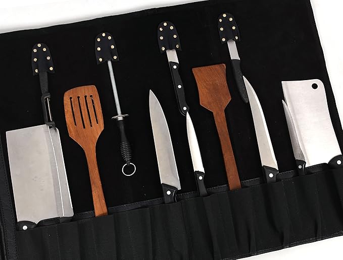 Leather Knife Roll Storage Bag, Elastic and Expandable 10 Pockets, Adjustable/Detachable Shoulder Strap, Travel-Friendly Chef Knife Case (Cerulean Black, Leather)