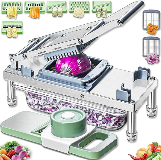 Stainless steel Vegetable Chopper, Veggie Chopper With 8 Blades, Onion Dicer with Container, Food Cutter & Grater Mandoline Slicer