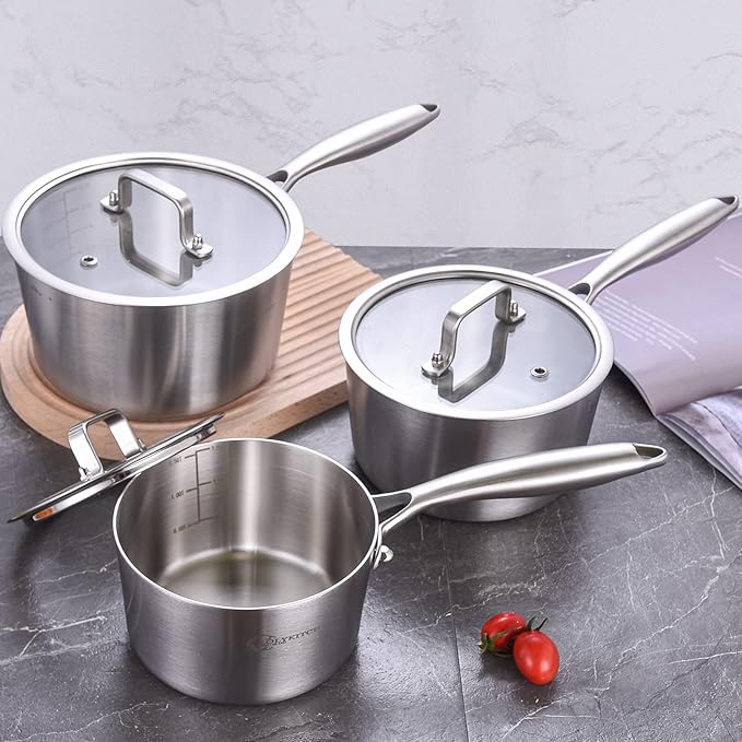 LOLYKITCH 1 & 2 & 3 Quarts Tri-Ply Stainless Steel Saucepan Set of 3,Induction Cooking Pots,Saucepans with Lids,Pots and Pans Set,Dishwasher and Oven Safe.