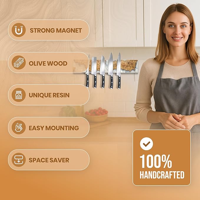 Magnetic Knife Holder for Wall 16 Inch |Premium Wood & White Resin| Epoxy Knife Magnetic Strip, Kitchen Knife Block Holder with Strong Magnet, Space-Saving, Handcrafted Style & Easy to Install