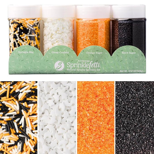 Sweets Indeed Dye-Free Halloween Sprinkles 4-Pack – 11.57 oz Natural Spooky Decorating Set | Sprinkle Mix, Ghost Confetti, Orange Sugar & Black Sugar | Edible Dye-Free Cake & Cupcake Decorations