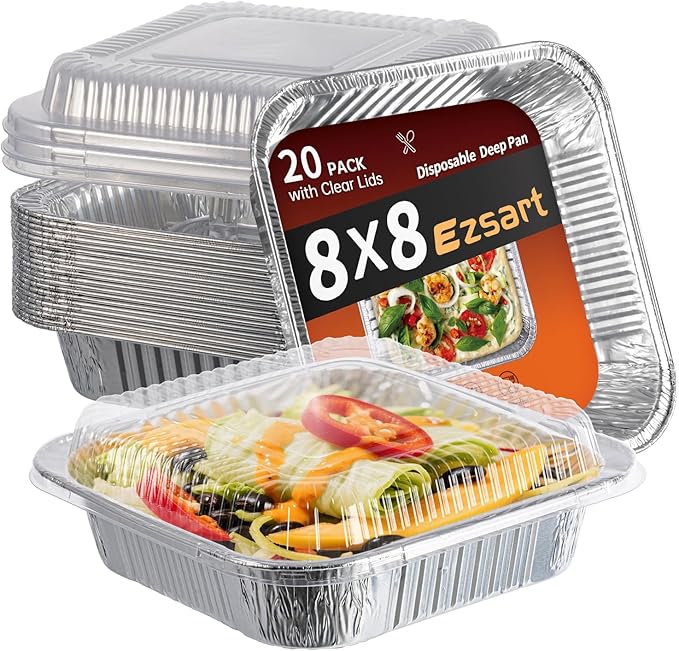 8x8 Aluminum Pans with Clear Lids - 20 Pack Disposable Baking Pans, Heavy Duty Tin Foil Trays for Cake Baking, Cooking, Heating, Storing, Prepping Food