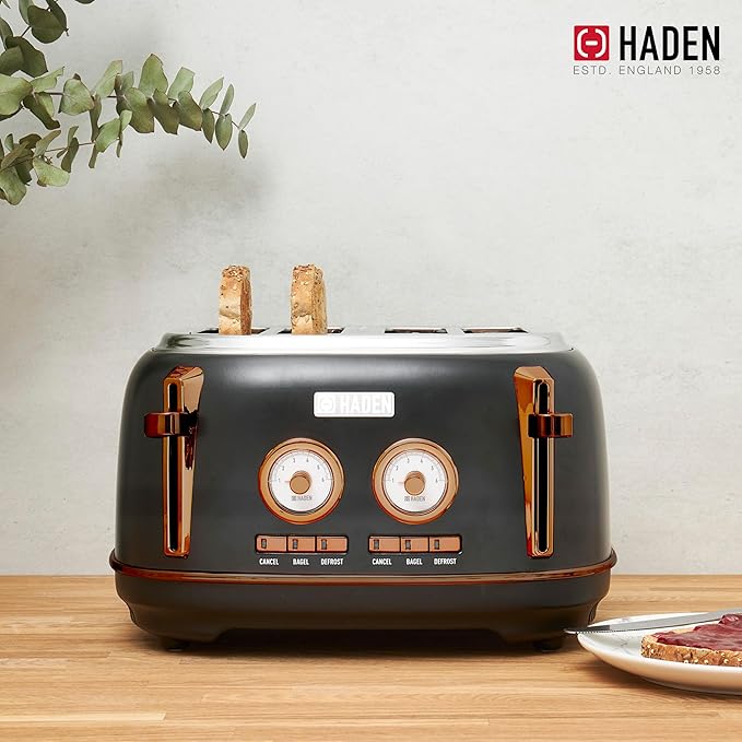 Haden Dorset 4 Slice Wide Slot Stainless Steel Toaster Bundled with 12 Cup Programmable Drip Coffee Maker Coffee Machine, Black & Copper