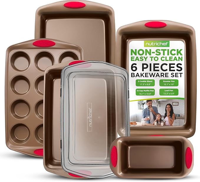 NutriChef 6-Piece Bakeware Set - Carbon Steel Stackable Bakeware with Red Silicone Handles & Nonstick Coating, Includes Cookie Sheets, Roaster Pan with Lid, Loaf, and 12 Cup Muffin Pan (Gold)