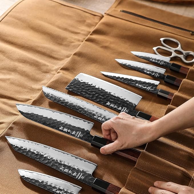 Chef Knife Roll Bag 16oz Oil Waxed Canvas with Cazy Horse Leather, 12 Slots & 2 Zipper Pockets, Portable Backpack Knife Case Storage, Detachable Adjustable Shoulder Strap Belt(Not Included Knives)
