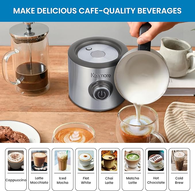 Kenmore Electric Milk Steamer and Foam Maker – Hot or Cold Milk Frother for Coffee, Lattes, Cappuccino, Portable Milk Heater and Foamer for Espresso, Home Brewing, Calentador de Leche para Café