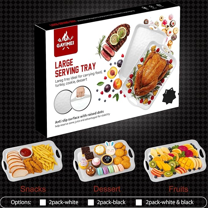 Extra Large 20" x 13" Serving Platters for Turkey, Cookie, Cupcakes, Gift Ready Melamine Serving Tray with Handles for Party Entertaining, Raised Dots & Matt Finish, Set of 2, White