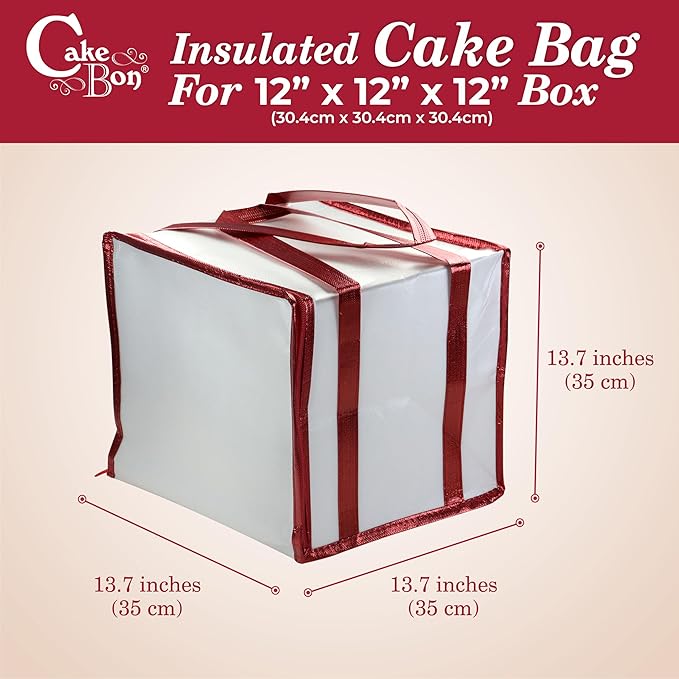 Cakebon Cake Box and Boards, 12-Inch Round White Wrapped Edges 1/2- Inch Thick Drums with Insulated Bag and Ice Pack – Cake Transport Set, Cooler for Cake Delivery and Transport (1pc Each, 4pcs Total)