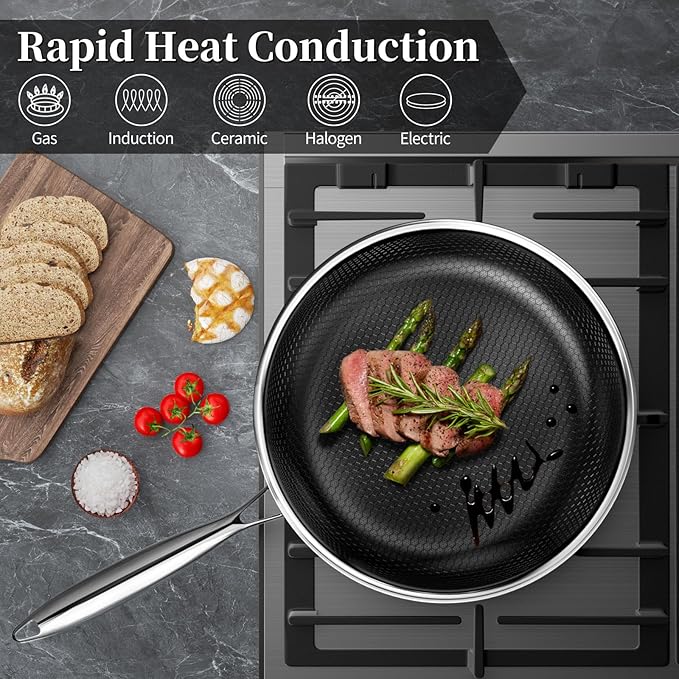 Innerwell Nonstick Frying Pans 8 Inch Hybrid Tri-Ply Stainless Steel Frying Pan Skillet Titanium Ceramic Nonstick Cooking Pan,PFAS/PFOA/PTFE Free,Compatible with All Cooktops