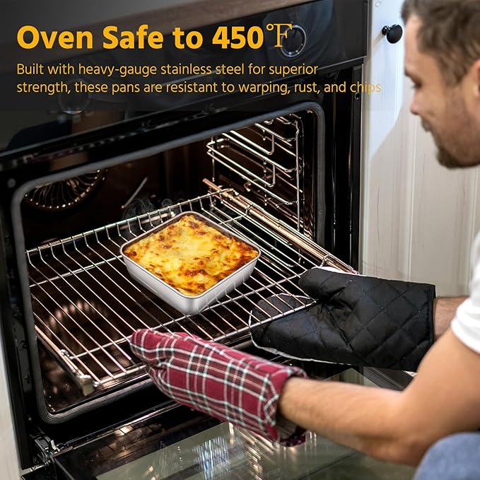 E-far 6 x 6-Inch Square Baking Pan with Lid, Small Stainless Steel Cake Brownie Pans Trays Dishes for Toaster Oven Air Fryer, Healthy & Dishwasher Safe - Set of 1(1 Pan + 1 Lid)