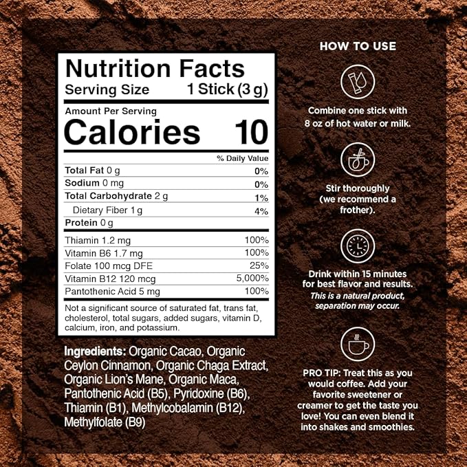 VitaCup Shroom Fuel, Mushroom Based Instant Coffee Alternative Packets, Mushroom Coffee Substitute w/Cacao, Cinnamon, Chaga, Lions Mane, & Maca for Energy, Immune Support, & Focus, 10 ct