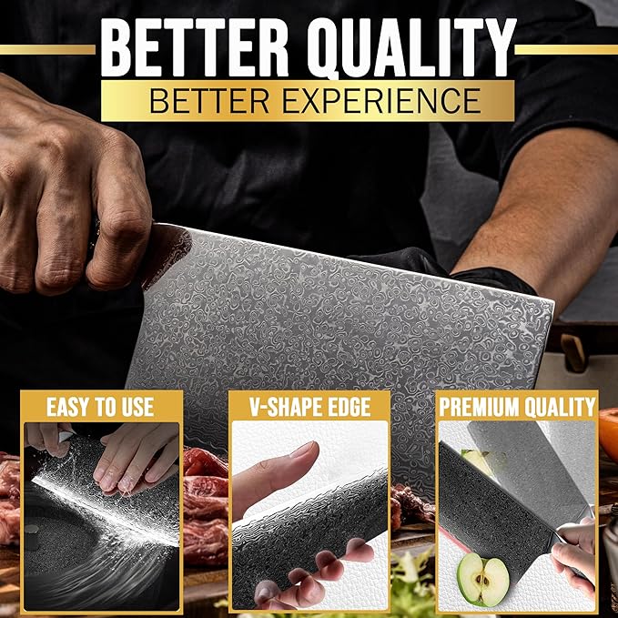 SliceElite Elite Series 7 Inch Meat Cleaver Knife Damascus VG10 Core Forged Carbon Fiber Handle Heavy Duty Chopper Sharp Kitchen Butcher Bone Cutter Vegetable Fruit Chef Tool Polymer Blade Guard Gift