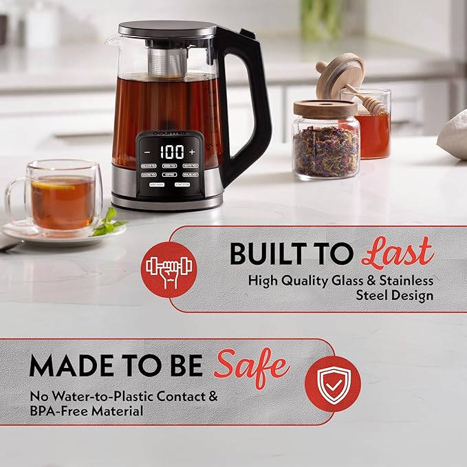 Gourmia Electric Programmable Glass Kettle – 1.7L Temperature Control Tea & Coffee Kettle with Digital Touch Display, 6 Presets, Keep Warm, Removable Stainless Steel Infuser, 360° Swivel Base – White