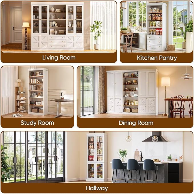 70.8" Tall Farmhouse Kitchen Pantry Cabinet with Glass Doors, Modular Wooden Storage Cabinet with 6-Tier Adjustable Shelves, Hutch for Kitchen or Living Room, Set of 3, White