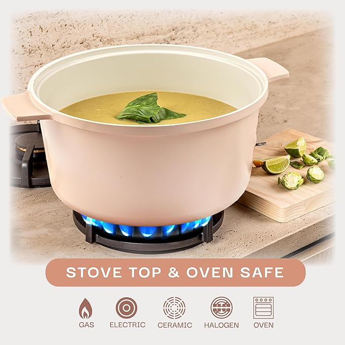 Gotham Steel 5 Qt Lightweight Ceramic Dutch Oven Pot with Lid, Nonstick Sourdough Dutch Oven for Bread Baking, 10 in 1 Stock Pot Ovens for Pasta, Spaghetti, Bread and More, Pots for Cooking
