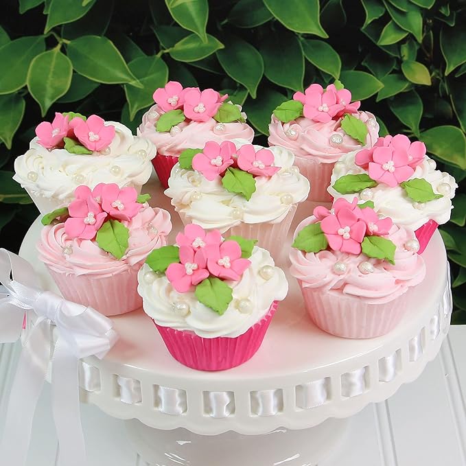 Global Sugar Art Blossoms and Leaves Edible Sugar Cake & Cupcake Flowers, Pink, Small Unwired, 24 Count with Leaves by Chef Alan Tetreault