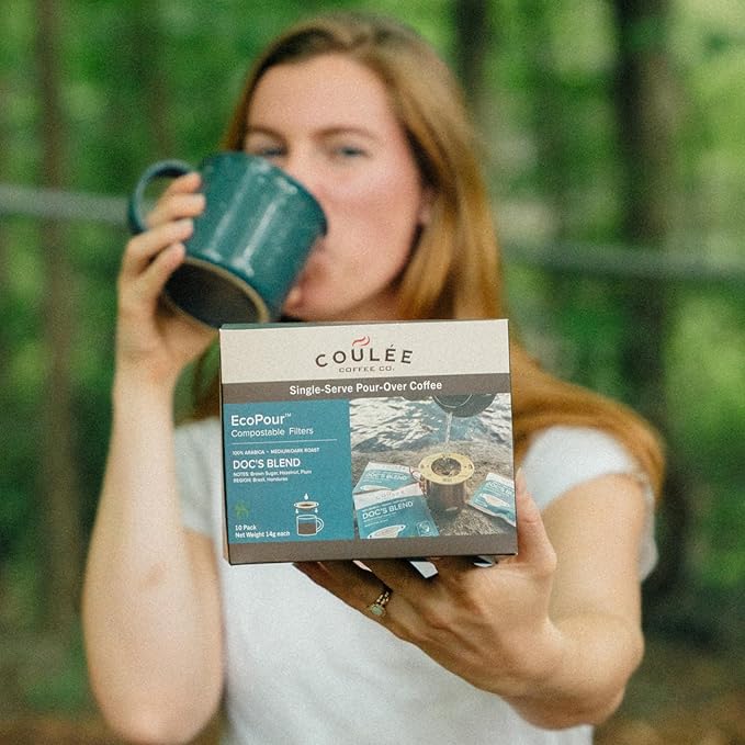 Coulée EcoPour O.G. Coffee, Single Serve Pour Over Colombian Coffee, Medium Roast, Use for Camping or Traveling, Pre Filled Compostable Filters, Ready to Brew with Hot Water, 20 Pack