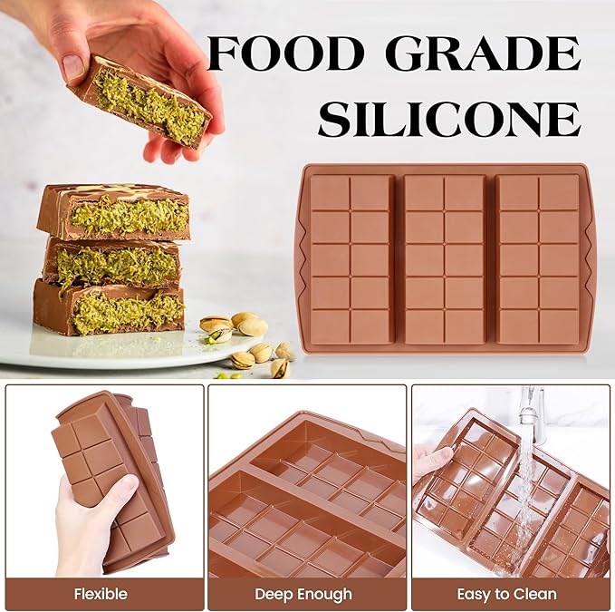 4 Pcs Chocolate Bar Mold Deep Dubai 0.85 Inch Stuffed Chocolate Molds Silicone Large Break Apart Silicone Molds (10 Snap + 5 Snap）