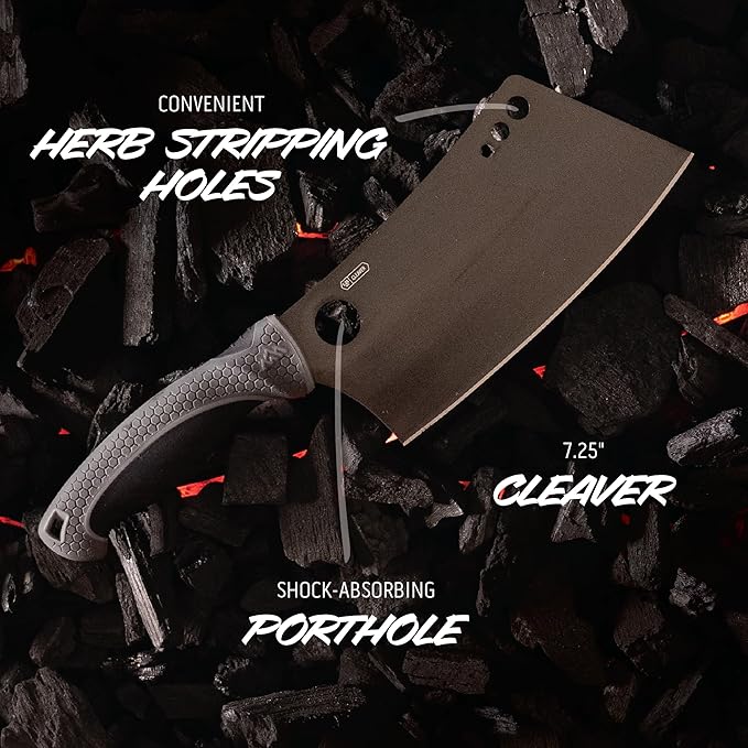 OUTDOOR EDGE ErgoMax Meat Carver Knife Set - Includes Cleaver, Brisket, Butcher & Honing Steel, Premium Titanium-Coated Steel Blades, Non-Slip Rubber Handles, Sharpening Rod