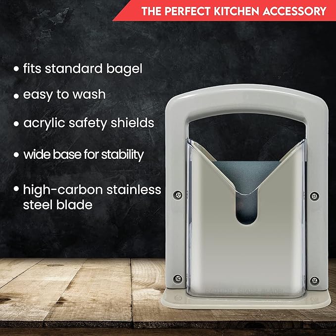 Slyce - Bagel Slicer, Bagel Cutter with Safety Shield and Safe Grip, Bagel Holder for Cutting Large and Small Bagels, Stainless Steel Blade (Gray)