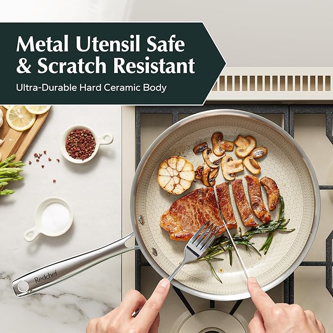 Redchef Non Stick Frying Pans, Hybrid Ceramic Frying Pan, Nonstick Skillet with Stay-Cool Handle, Non Toxic, PFAS PFOA & PTFE Free, Dishwasher & Oven Safe, Compatible with All Cooktops (8+10+12 inch)