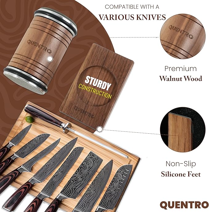 Rolling Knife Sharpener Kit – Premium Walnut Wood – 15° & 20° Multi-Angle Magnetic Sharpener with Diamond Coated & Ceramic Honing Discs – Professional Knife Sharpening Tool for Kitchen, Chef & Home