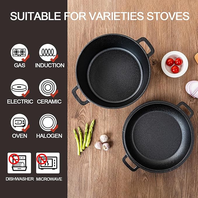 2-in-1 Pre-Seasoned Cast Iron Dutch Oven with Skillet Lid, 10 In Cast Iron Pot & Pan Set for Baking Bread, Frying, Camping, BBQ, Indoor & Outdoor Use