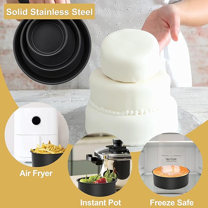 E-far Deep Cake Pan Set of 3 (4/6/8 Inch), Nonstick Stainless Steel Round Cake Pans Tins for Baking Layer Wedding Cakes, Stainless Steel Core & Nontoxic Coating, Deep & Straight Side