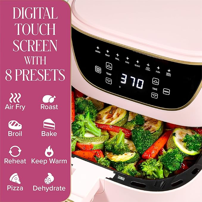 Paris Hilton Air Fryer, Large 6-Quart Capacity, Nonstick Made without PFAS, Touchscreen Display, 8-in-1 (Air Fry, Roast, Broil, Bake, Reheat, Keep Warm, Pizza, Dehydrate), Dishwasher Safe, Pink