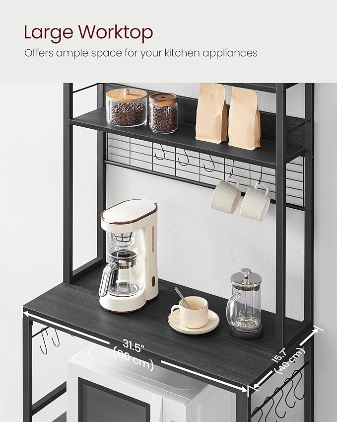 VASAGLE Hutch Bakers Rack with Power Outlet, 14 Hooks Microwave Stand, Adjustable Coffee Bar with Metal Wire Panel, Kitchen Storage Shelf, 15.7 x 31.5 x 66.9 Inches, Charcoal Gray and Ink Black