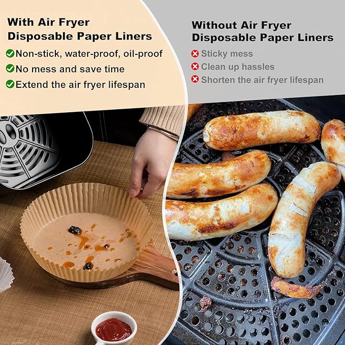Vailnd Air Fryer Liners Disposable, 305 PCS 8" Round Unbleached Air Fryer Paper Liners, Heavy-Duty Air Fryer Liners for 5-8 qt Basket, Non-stick & Oil-Proof Parchment Paper for Oven, Pan