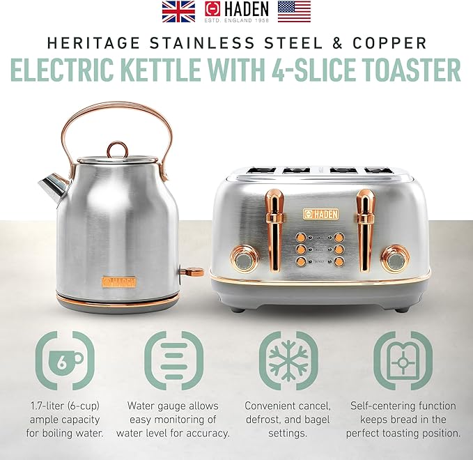 Haden Heritage 4 Slice Wide Slot Stainless Steel Toaster Bundled with 1.7 Liter Stainless Steel Electric Water Kettle, Steel & Copper