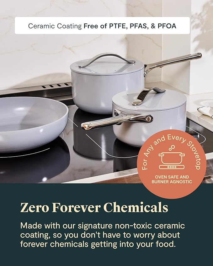 Caraway Non-stick Ceramic Cookware Set (12 Piece) Pots, Pans, Lids and Kitchen Storage - PFAS & PFOA Free - Oven Safe Pan Set & Compatible with All Stovetops - Black